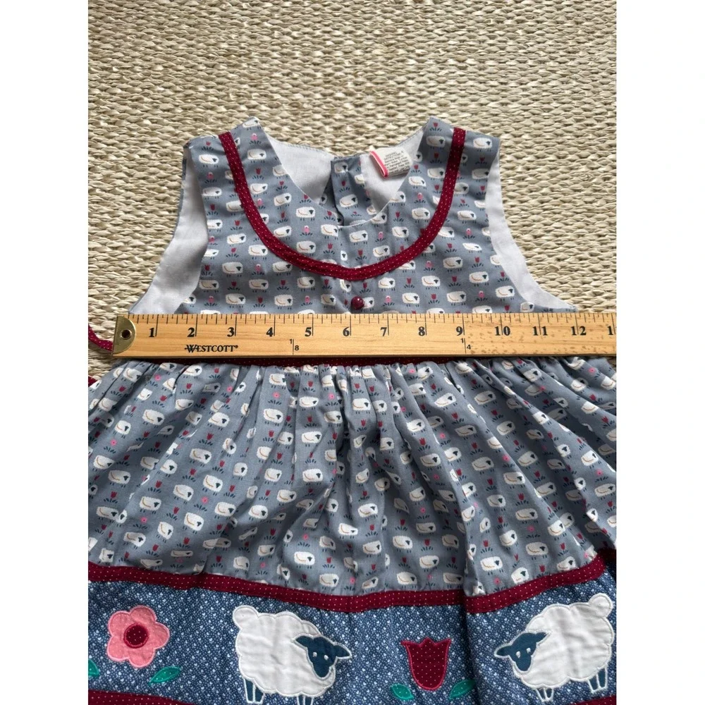 Vintage Toddler Girls Sheep Floral Applique Pinafore Dress Blue Burgundy Size 4T